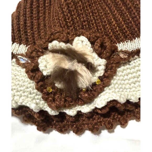 Handmade Crochet Cloche Hat Brown Cream Faux Fur Flower Retro Cottagecore - Picture 3 of 8